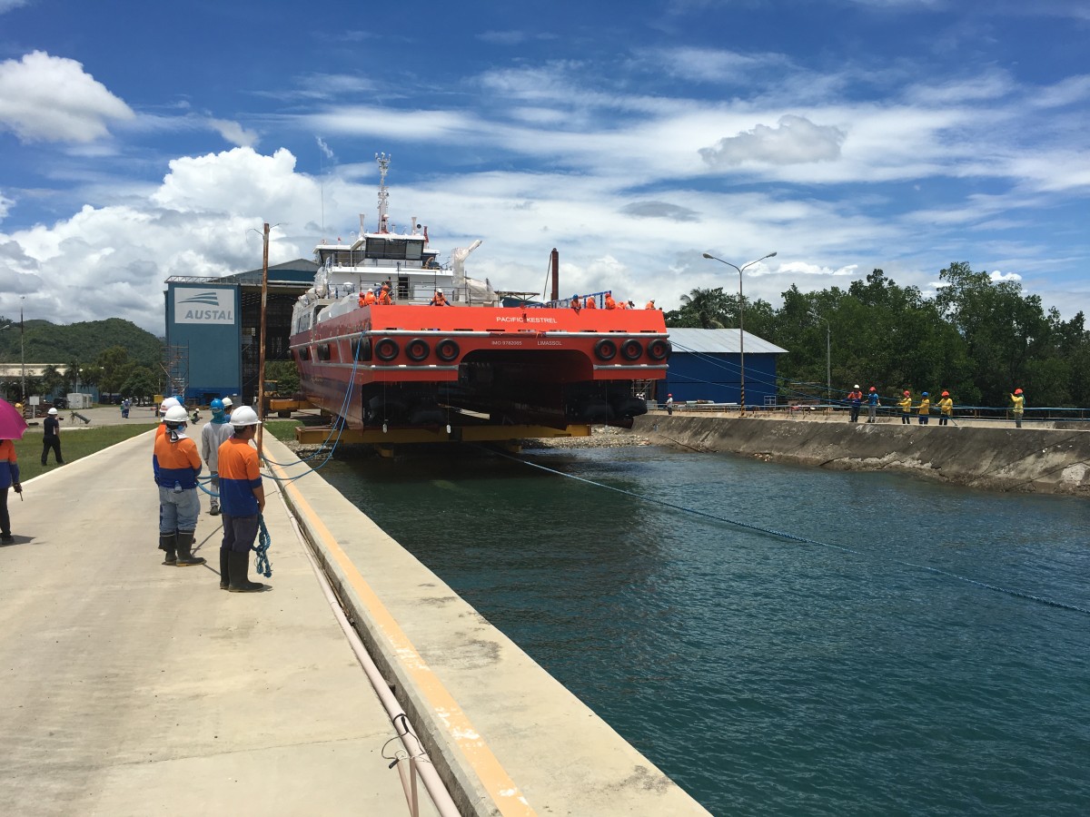 Launch of the 57m large crew transfer vessel for Swire Pacific Offshore (SPO) at Austal Philippines shipyard in Balamban, Cebu